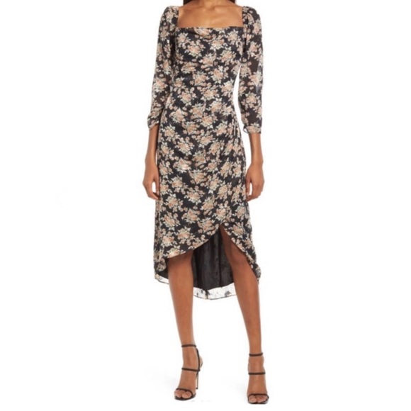 Floret Studios Dresses Floret Studios Long Sleeve Black Floral Midi